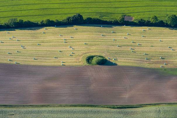 Oben verläuft quer ein Knick, drüber eine kleine Wasserfläche darunter mittig liegt eine ausgetrocknete eiszeitliche Senke von Rundballen auf Grünland umgeben. Klingt wie ein Menü aus der Landhausküche, oder?