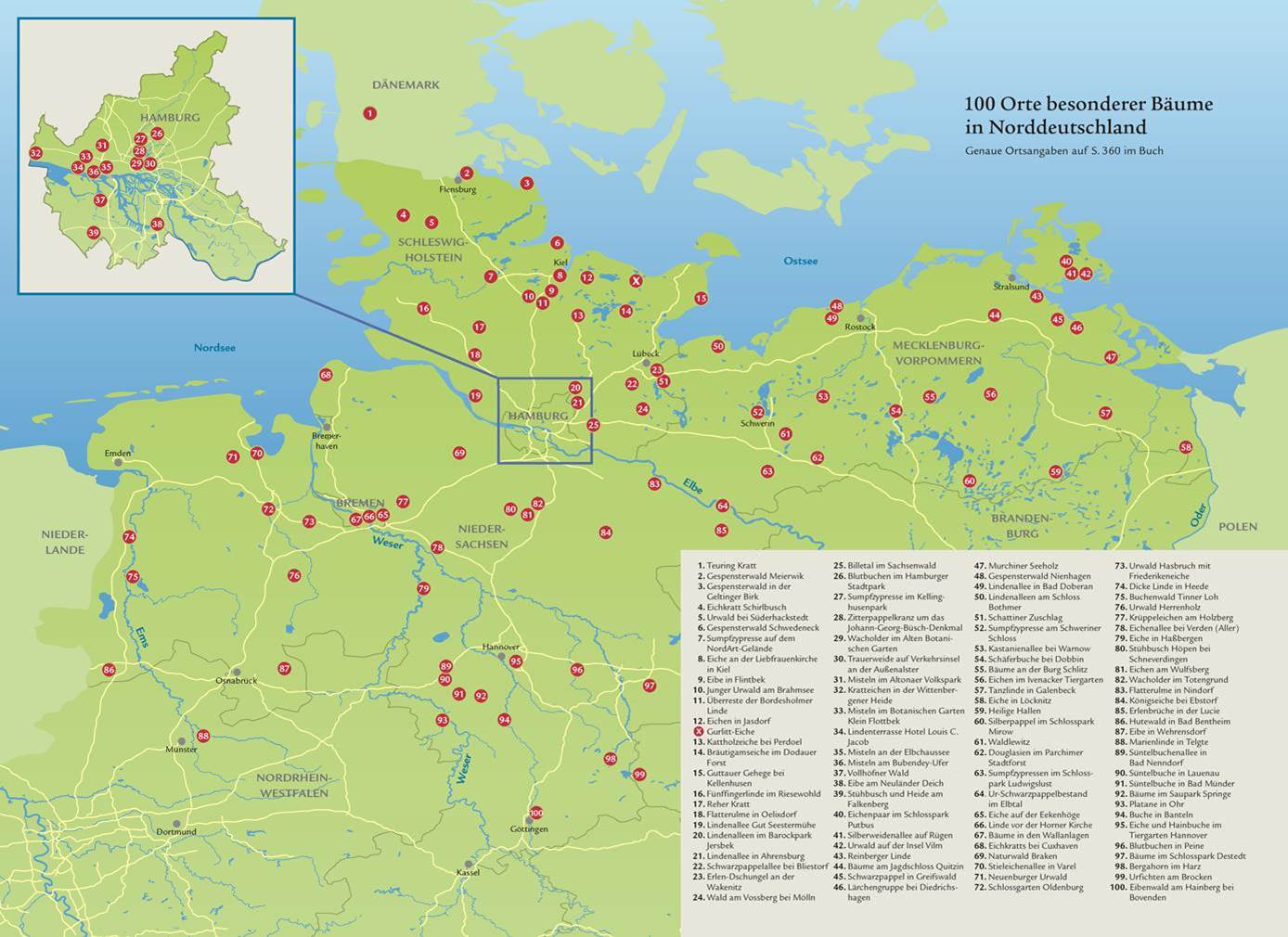 Die Karte zeigt mehr als 100 sehenswerte Bäume und Waldgebiete in Norddeutschland von Flensburg bis Göttingen und Frankfurt/Oder bis Cuxhaven