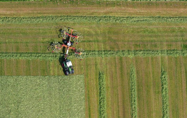 Blick auf Traktor beim Heuwenden